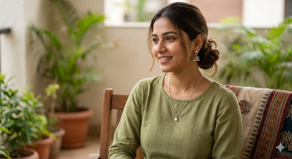A young Indian woman wearing a slim silver alloy pendant chain and small silver alloy jhumka earrings with an olive green kurti.