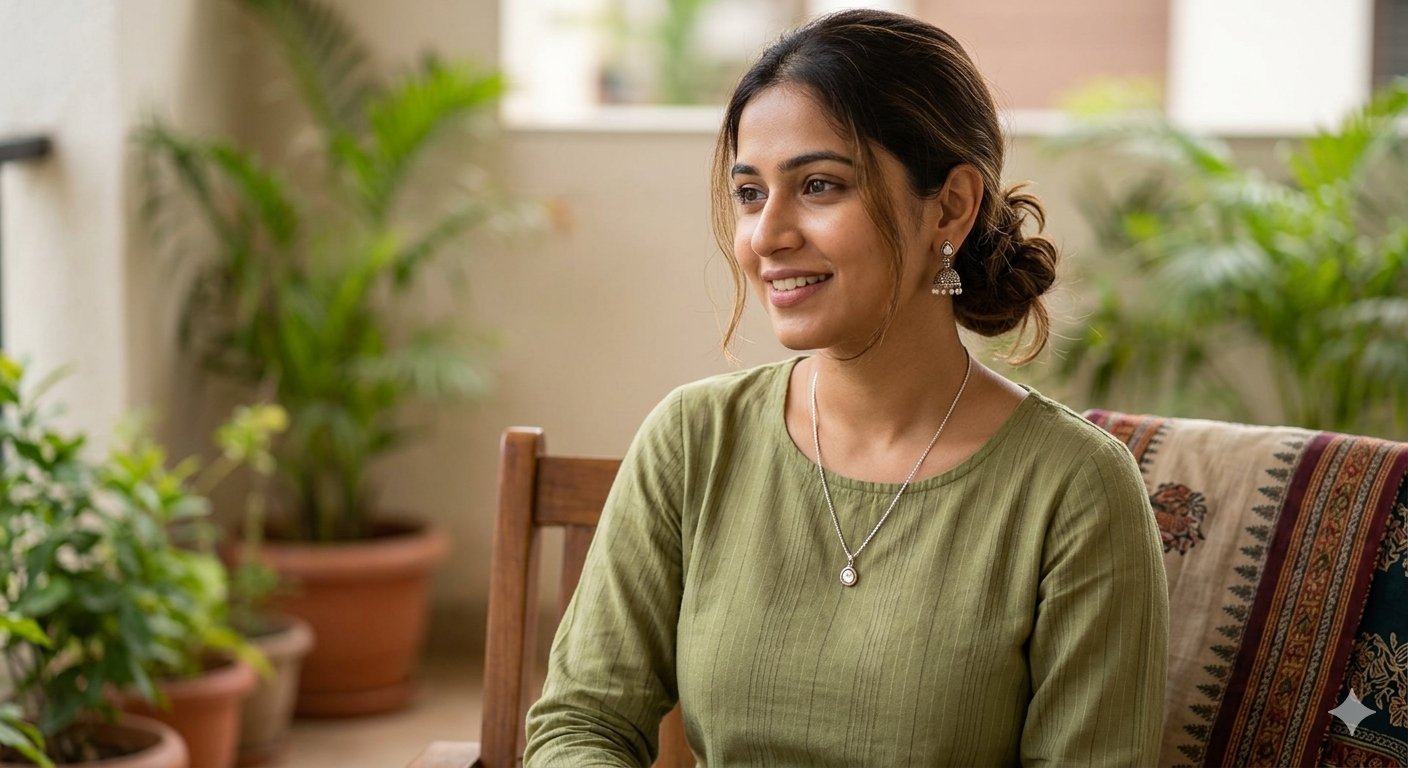 A young Indian woman wearing a slim silver alloy pendant chain and small silver alloy jhumka earrings with an olive green kurti.